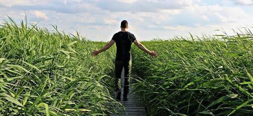 man walking through field